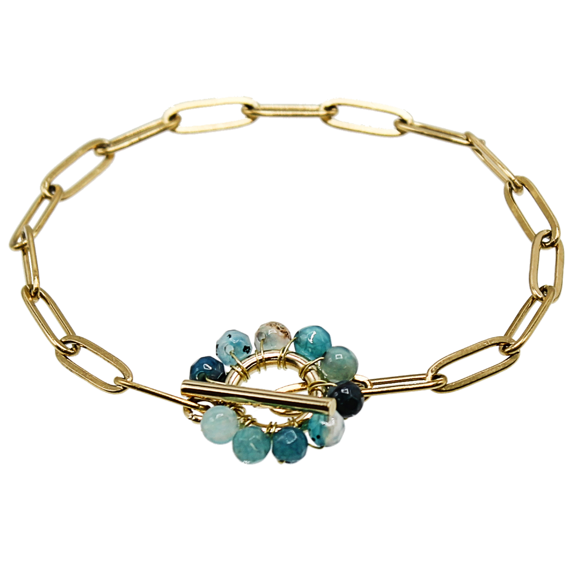 A paperclip chain bracelet with a toggle closure. The toggle is beaded all around with wire and agate beads.