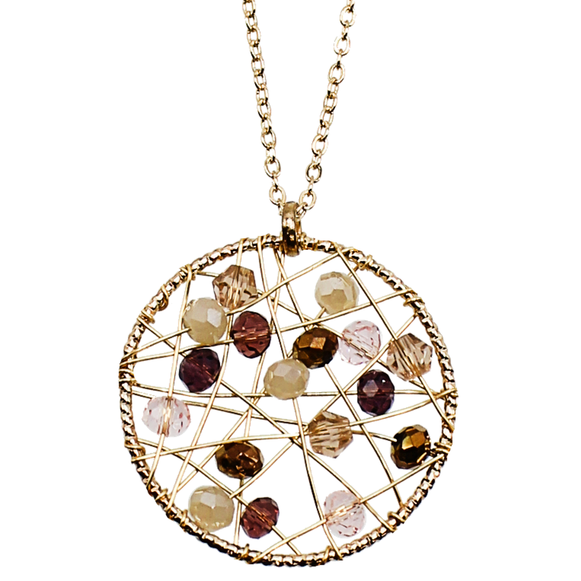Gold pinwheel necklace beaded with wire and a variety of beads in the gold and brown color family.