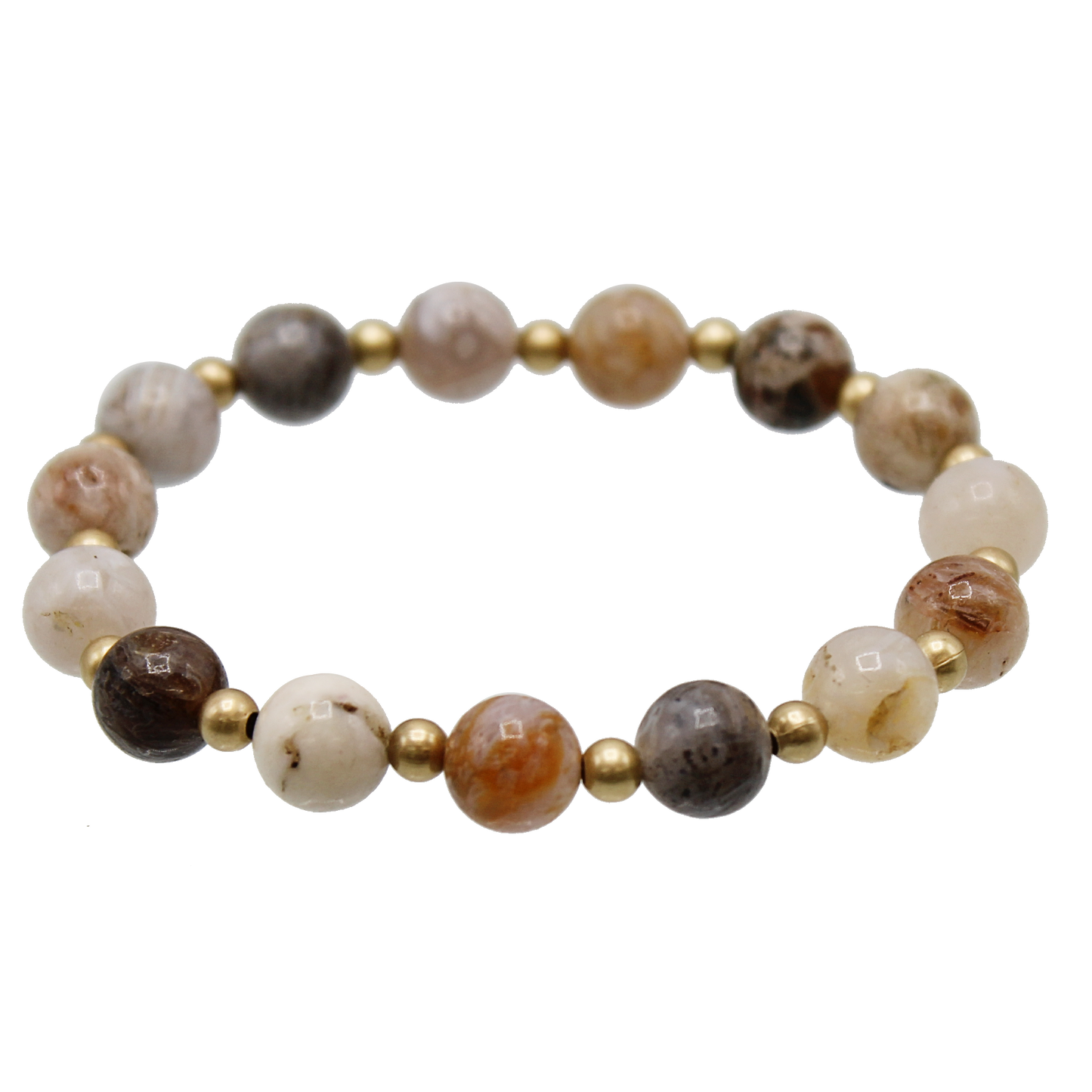 A beaded bracelet with genuine Agate beads and gold spacer beads in between.