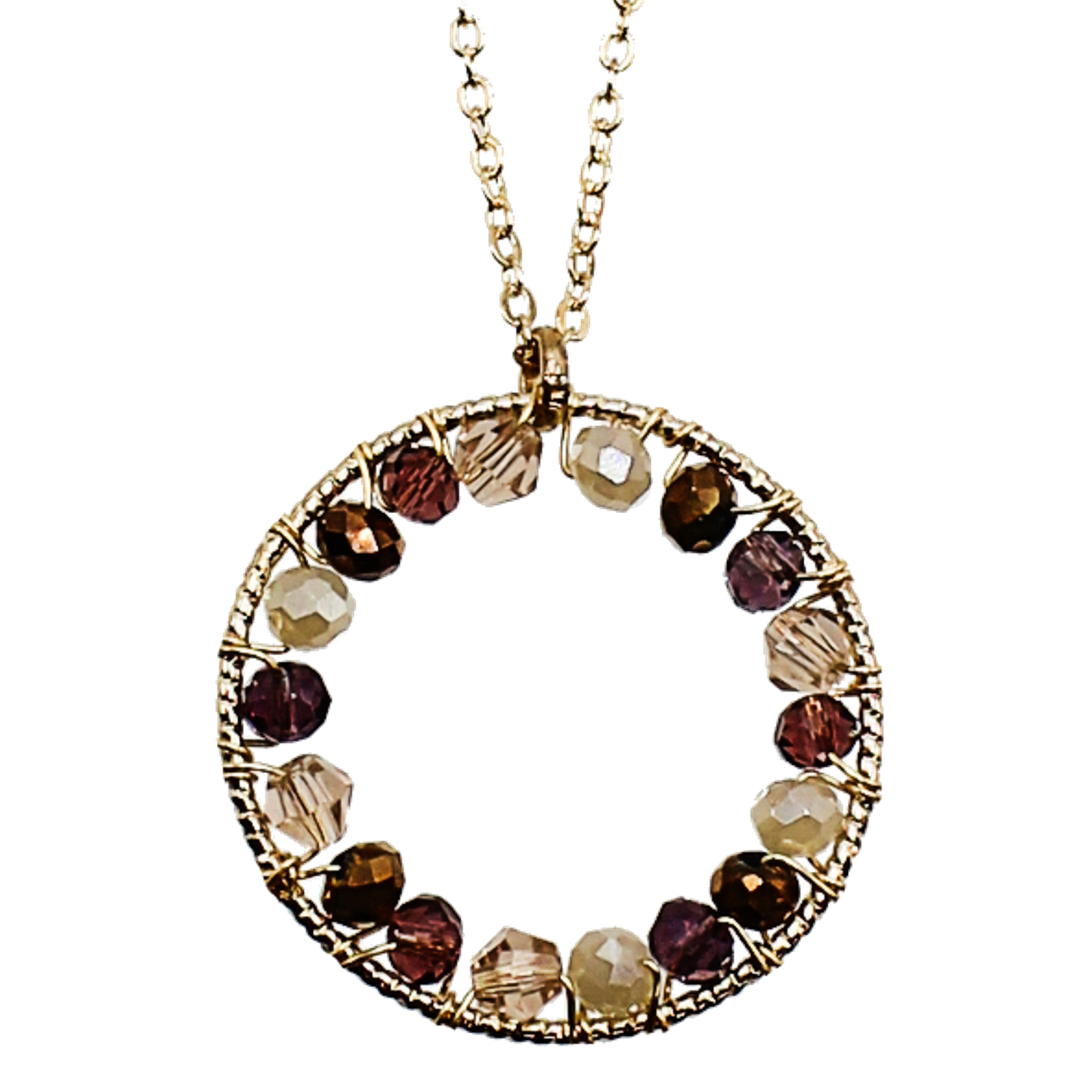 18k Gold Pinwheel Necklace has a beaded design around the frame using wire and beads in the gold and brown color family.